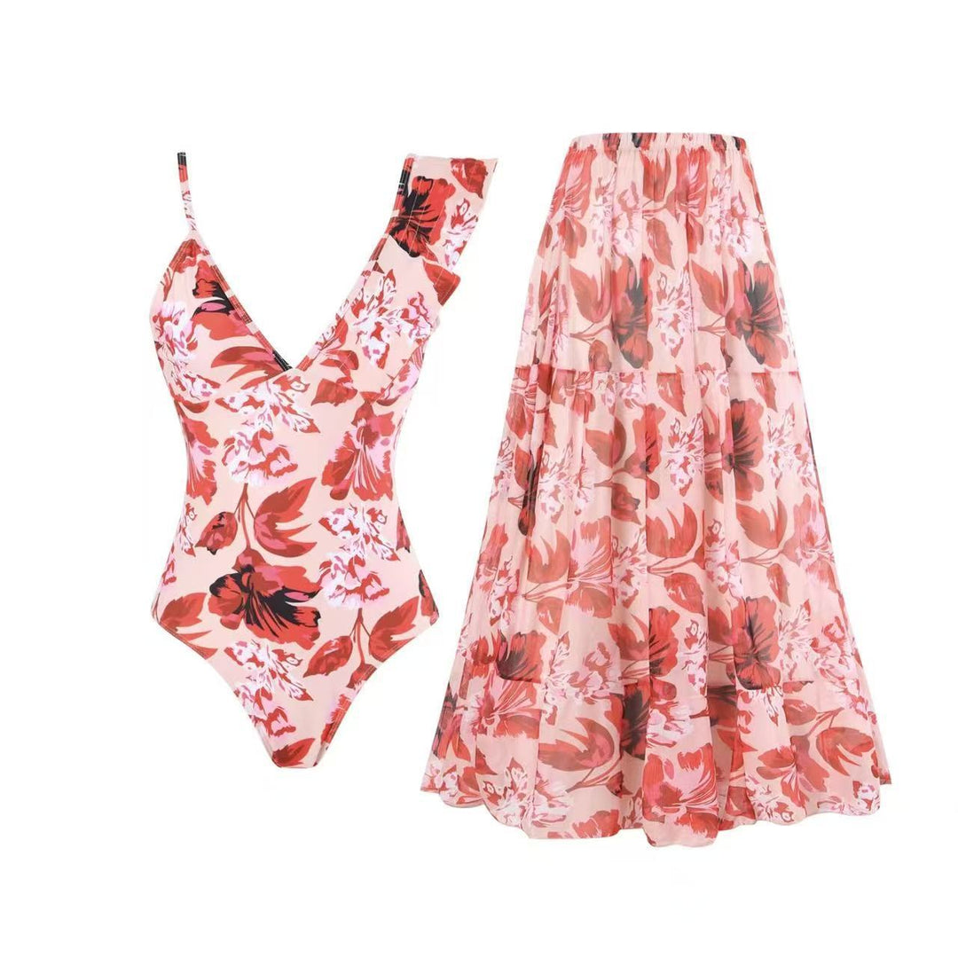 Damen Badeanzug mit floralem Design und passendem Rock R&B