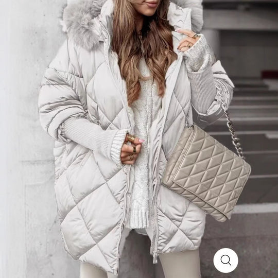 Damen Oversized Steppjacke mit abnehmbarem Kunstfellkragen R&B
