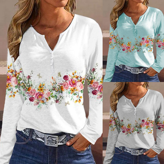 Damen Langarmshirt mit floralem Motiv und Knopfdetails R&B