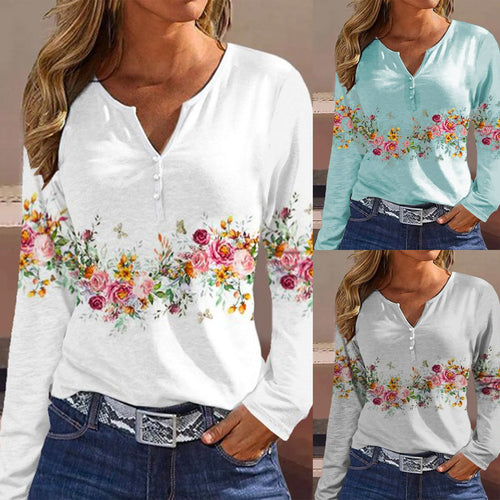 Damen Langarmshirt mit floralem Motiv und Knopfdetails R&B