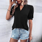 Damen elegantes Blusenshirt mit Puffärmel und V-Ausschnitt R&B