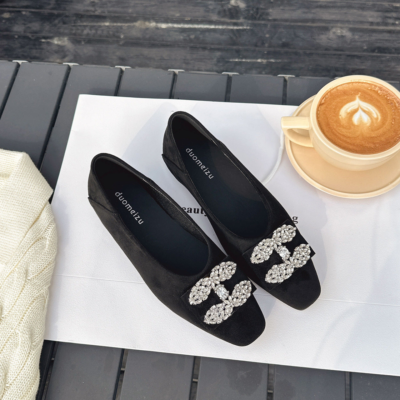 Damen Ballerinas mit luxuriösem Strassbesatz und elegantem Samtoberteil R&B