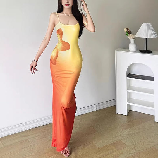 Damen figurbetontes Abendkleid mit Spaghettiträgern und Farbverlauf R&B