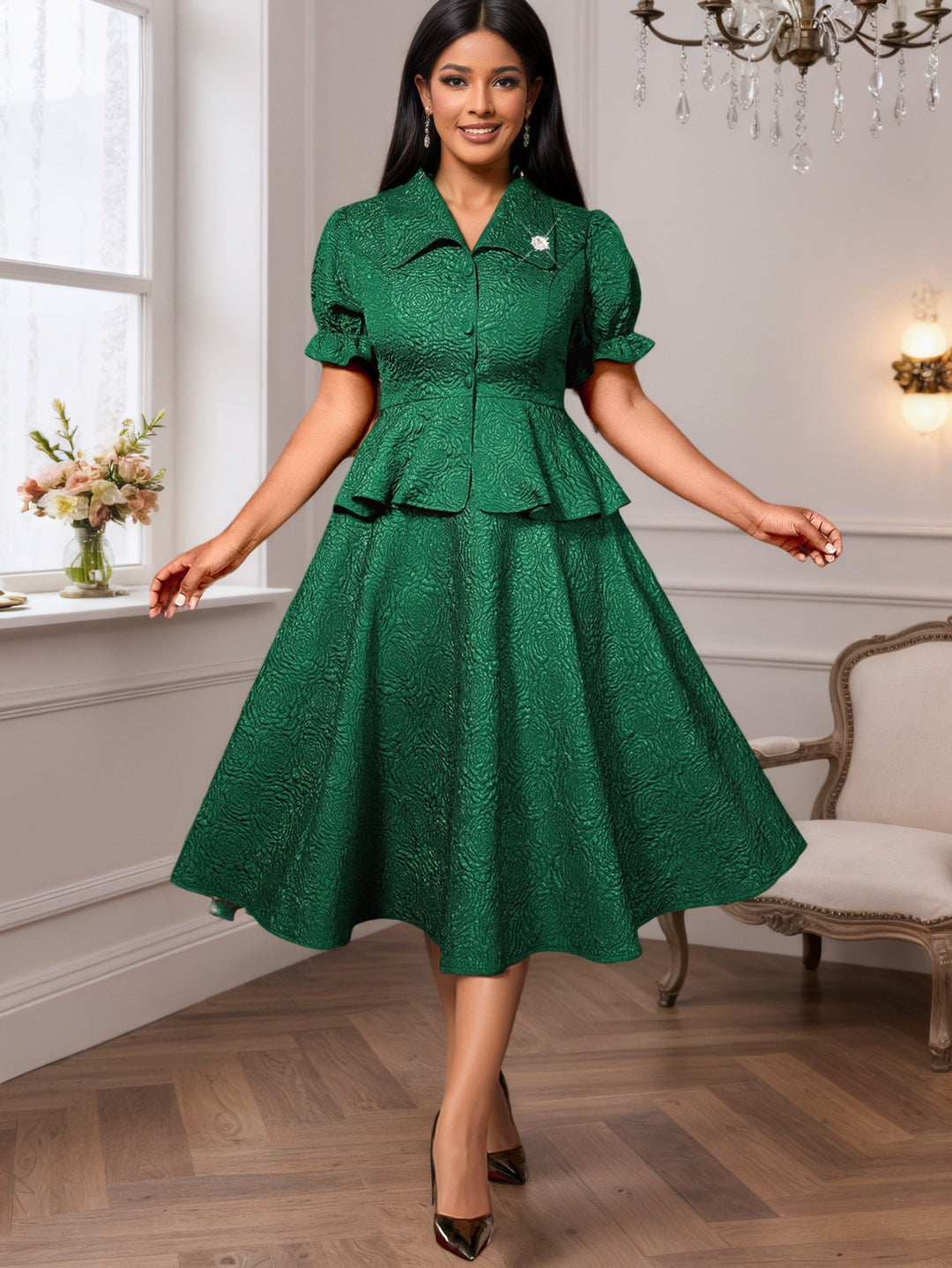 Damen elegantes Kleid mit Vintage-Details und voluminösem Rock R&B