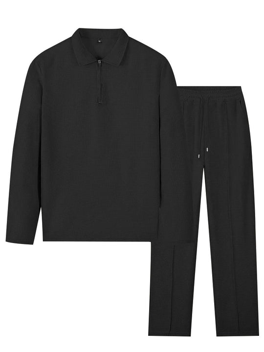 Herren nan Waffelstruktur-Wohn- und Freizeit-Set mit Halbzip-Polokragen und Kordelbund R&B