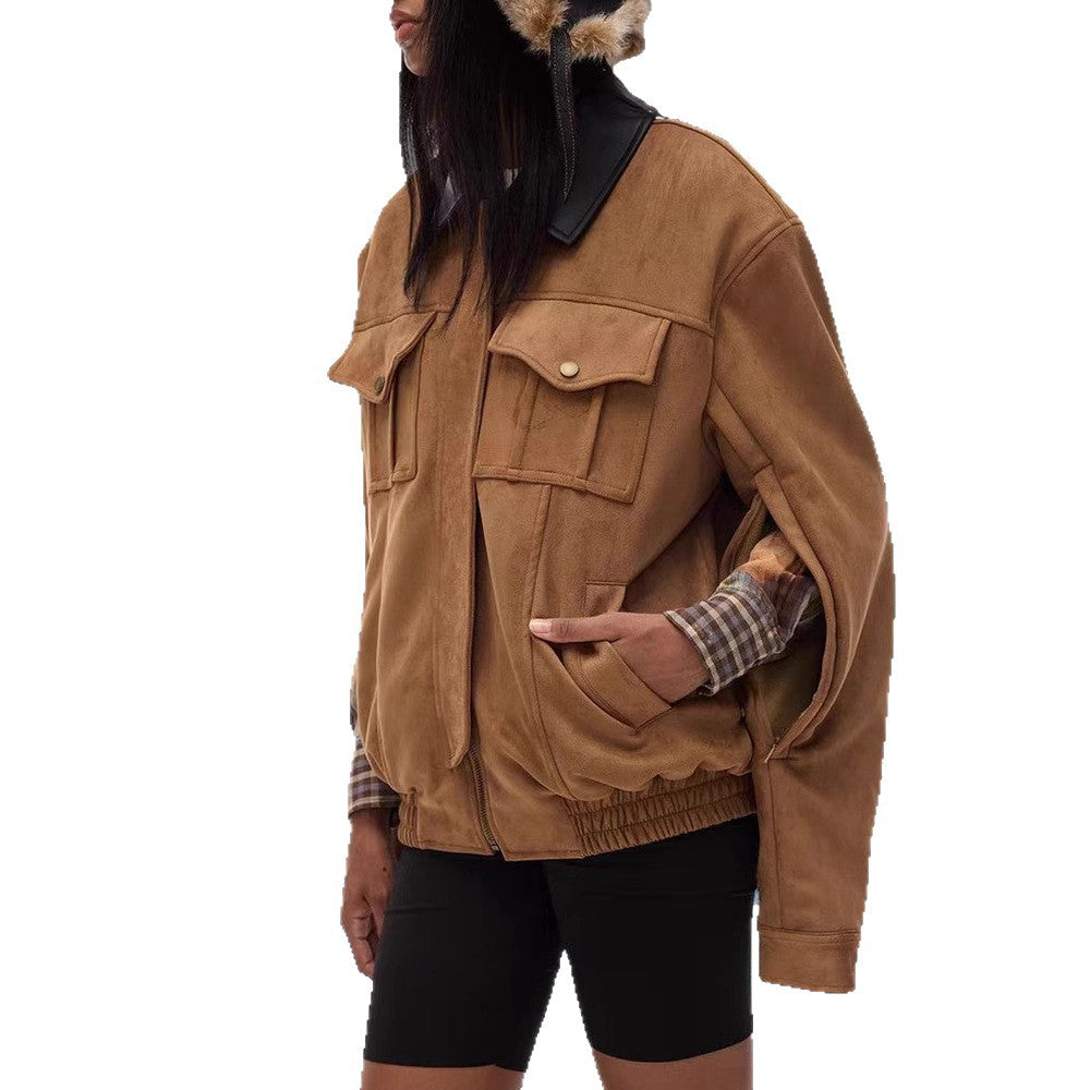 Damen Trendige Suede Jacke mit abnehmbarem Pelzkragen R&B