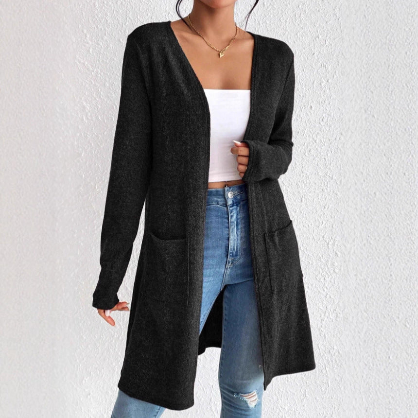 Damen Langer Strickcardigan mit praktischen Taschen R&B