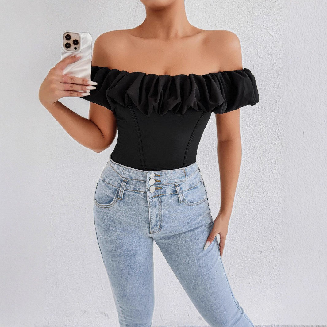 Damen Off-Shoulder Rüschenshirt mit tailliertem Schnitt R&B