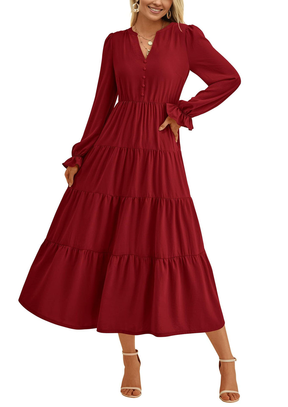 Damen Maxikleid mit romantischen Rüschendetails und elegantem V-Ausschnitt R&B