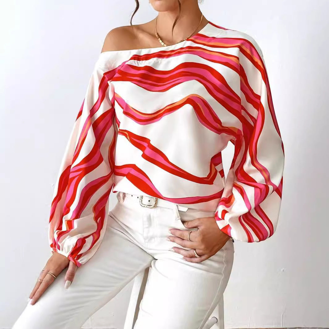 Damen Off-Shoulder Bluse mit voluminösen Ärmeln und maritimem Wellenmuster R&B