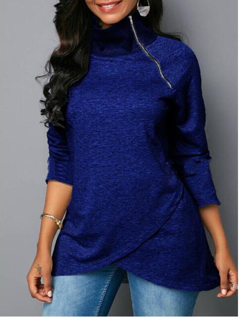 Damen Rundhals Shirt mit hoher Kragen und Reißverschluss R&B