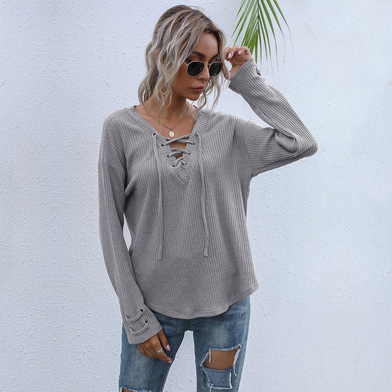 Damen lässiger Pullover mit V-Ausschnitt und Schnürung R&B