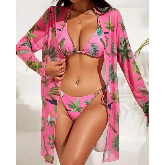 Damen Badeanzug mit transparenter Strandumhüllung und botanischem Druck R&B