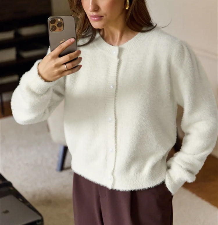 Damen Flauschiger Cardigan mit dekorativen Knöpfen und eleganter Passform R&B