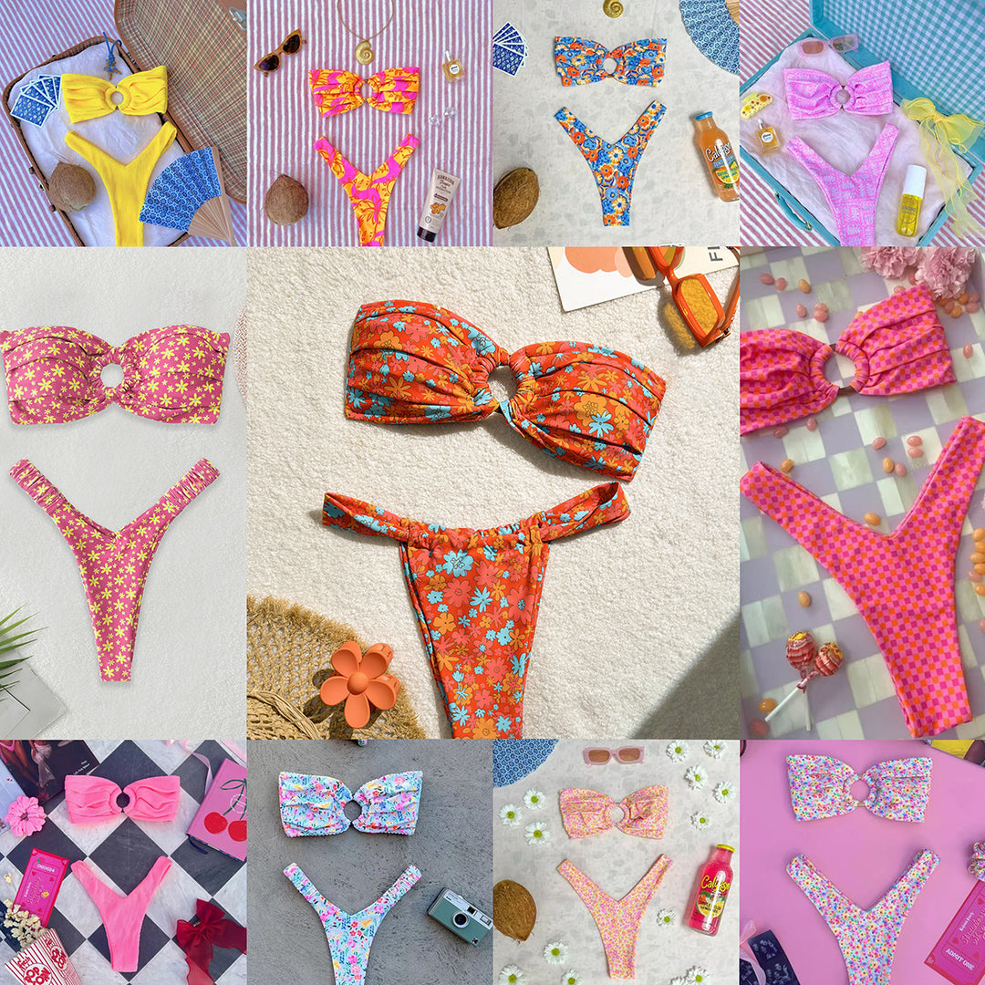 Damen Bandeau-Bikini mit Blumenmuster und Schlaufen-Detail R&B