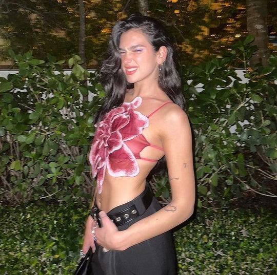 Damen Blüten-Crop-Top mit 3D floralen Applikationen und transparentem Stoff R&B
