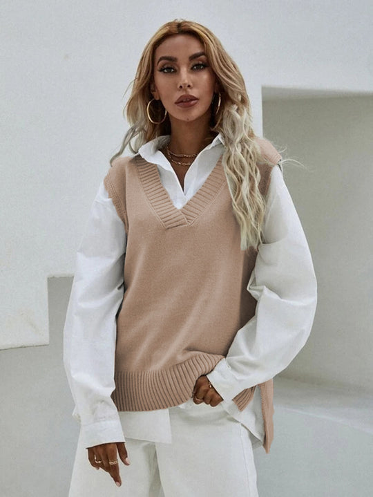 Damen Strickweste mit V-Ausschnitt und feiner Rippenstruktur R&B