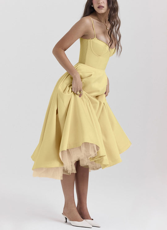 Damen nan tailliertes retro-inspiriertes Midikleid mit Korsage Unterbrustnähten Tellerrock und Eingrifftaschen R&B