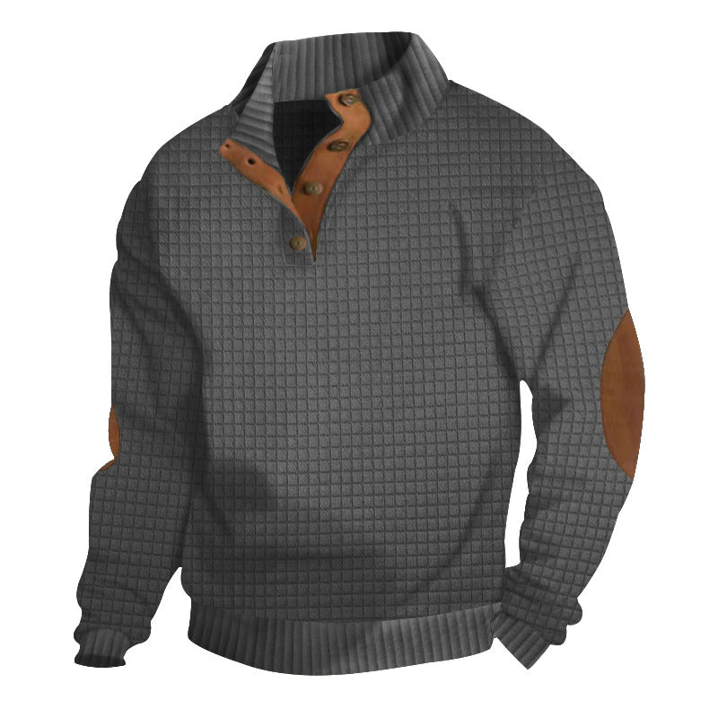Herren nan waffelstruktur-Troyer mit Stehkragen Druckknopf-Leiste und Nappaleder-Ellenbogenpatches R&B