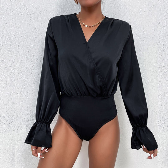 Damen Elegantes Langarmbody mit Wickeloptik und Volantärmeln R&B