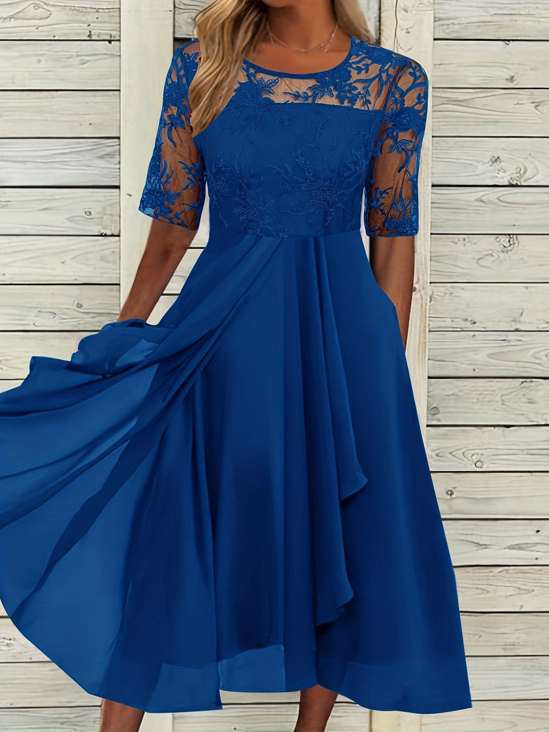 Damen Elegantes Midikleid mit Spitzenärmeln und schwingendem Rock R&B