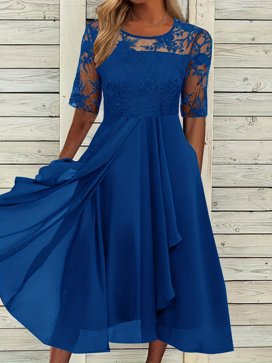 Damen Elegantes Midikleid mit Spitzenärmeln und schwingendem Rock R&B