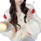 Damen Grober Strickcardigan mit Blumenstickerei und funkelnden Knöpfen R&B
