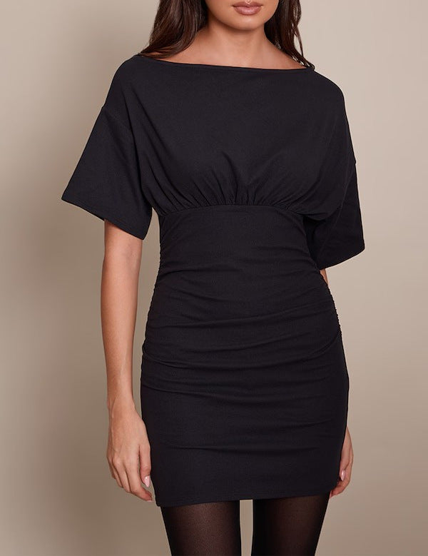 Damen figurbetontes Wickelkleid mit Raffungen und weiten Ärmeln R&B