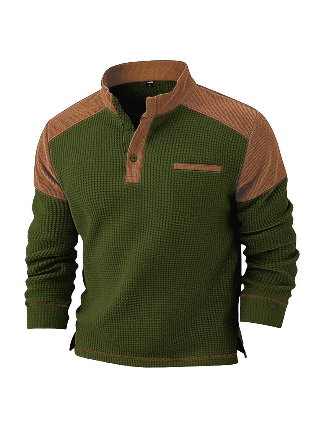 Herren nan Waffelstrick-Henley mit Stehkragen, Cord-Schulterpasse und Brustpaspel R&B