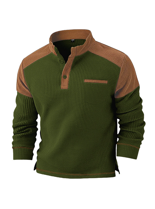 Herren nan Waffelstrick-Henley mit Stehkragen, Cord-Schulterpasse und Brustpaspel R&B