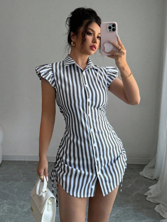 Damen gestreiftes Hemdkleid mit Rüschendetails und taillierter Passform R&B