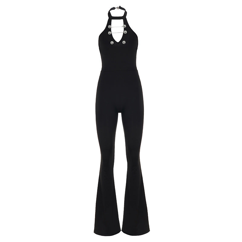 Damen Fließender Jumpsuit mit hochgeschlossenem Ausschnitt und dekorativen Knöpfen R&B