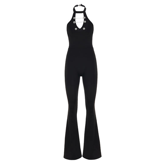 Damen Fließender Jumpsuit mit hochgeschlossenem Ausschnitt und dekorativen Knöpfen R&B