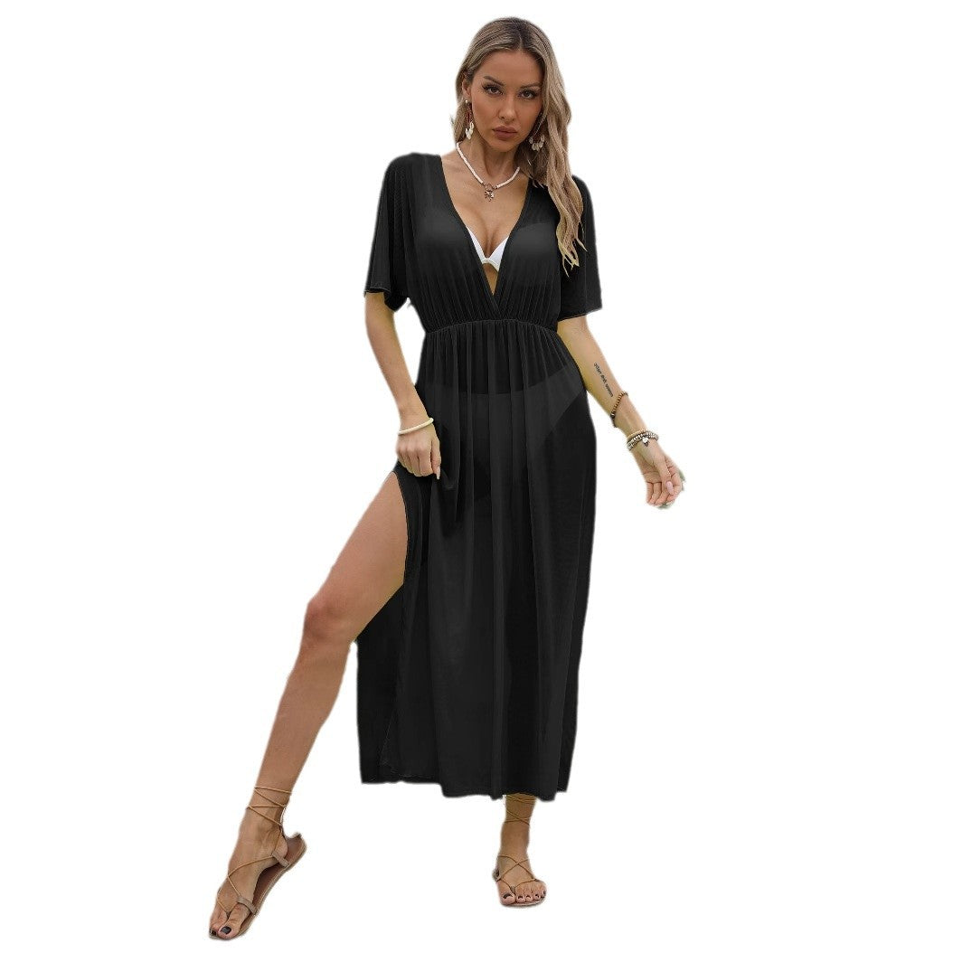 Damen elegantes Maxi-Kleid mit tiefem V-Ausschnitt und fließendem Rock R&B