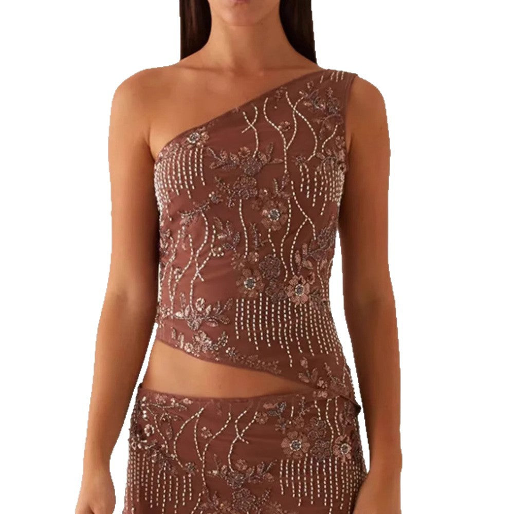 Damen asymmetrisches Oberteil mit floralem Strassdesign R&B
