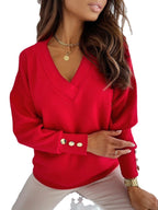 Damen Pullover mit V-Ausschnitt und goldenen Knopfdetails R&B