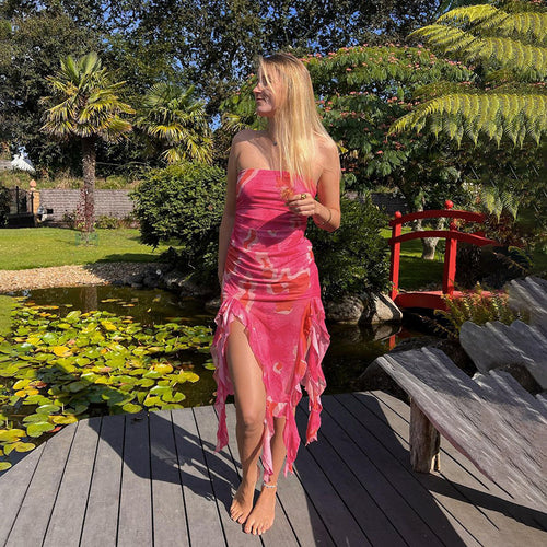 Damen elegantes Rüschenkleid mit trägerlosem Oberteil und asymmetrischem Saum R&B