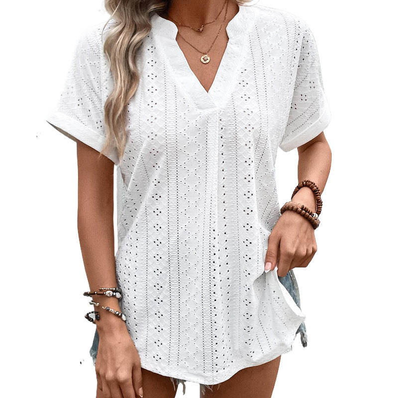 Damen Bluse mit Lochmuster und V-Ausschnitt R&B