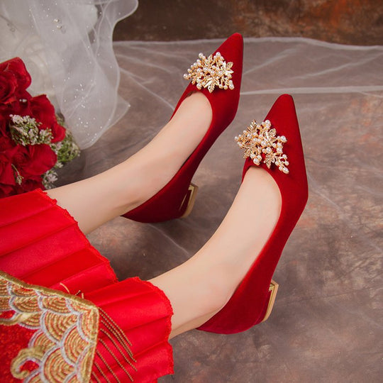 Damen elegante Velours-Pumps mit luxuriösem Perlen-Schmuckdetail R&B