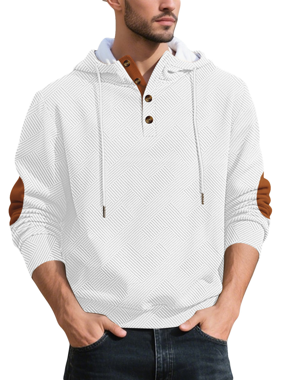 Herren nan strukturierter Kapuzen-Henley-Pullover mit Jacquardstruktur, Knopfleiste und Ellenbogenpatches R&B