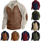 Herren nan Cordoptik-Halbknopf-Pullover mit Stehkragen, Raglanärmeln und Ellenbogenpatches R&B
