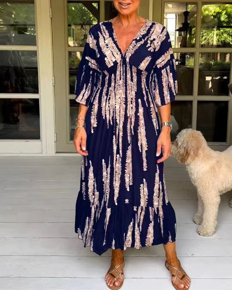 Damen nan Maxikleid mit V-Ausschnitt, vertikalem Pinselprint, geraffter Unterbrustnaht und stufigem Volantrock R&B