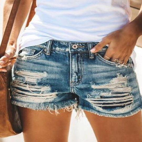 Damen trendige Destroyed Denim-Shorts mit ausgefransten Säumen und modischen Rissdetails R&B