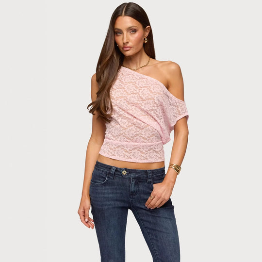 Damen Spitzenbluse mit asymmetrischem Design und lockerer Passform R&B