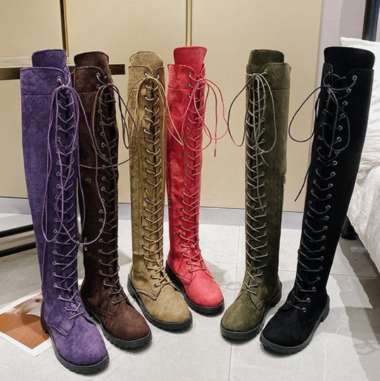 Damen Überknee-Stiefel mit modischem Schnür-Design und robustem Profil R&B