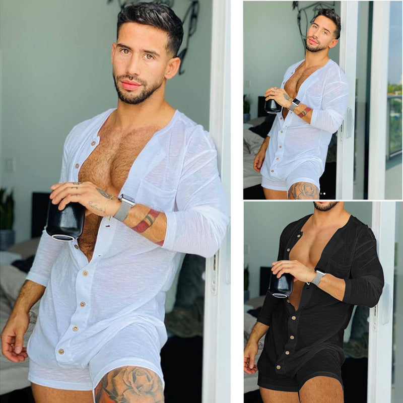 Herren nan komfortabler Kurzoverall mit Rundhalsausschnitt, durchgehender Holzknopfleiste und Brusttasche R&B