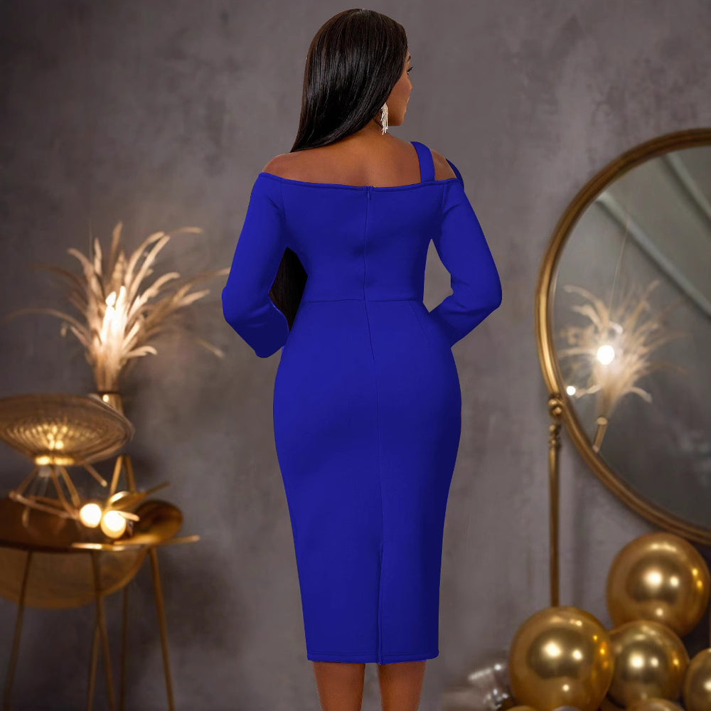 Damen figurbetontes Kleid mit asymmetrischem Rosendetail und langem Arm R&B