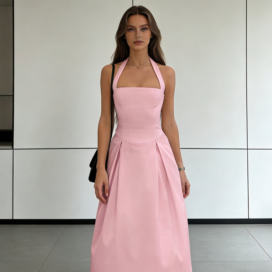 Damen Elegantes Midikleid mit tiefem V-Ausschnitt und stilvollem Faltenrock R&B