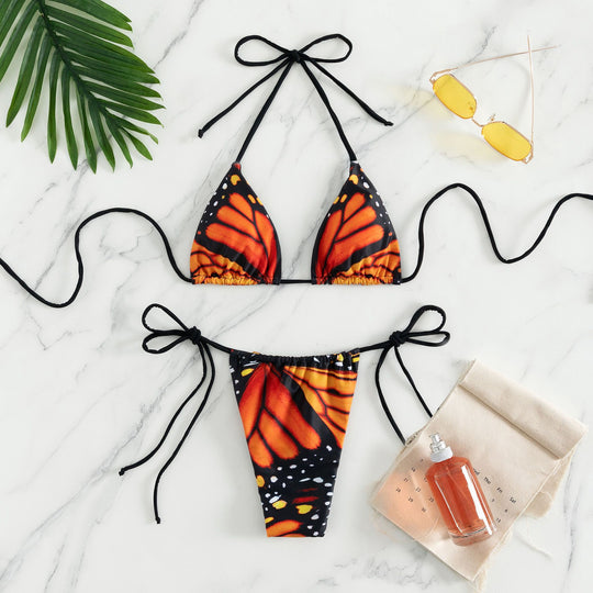 Damen Triangel-Bikini mit auffälligem Schmetterlingsmuster und verstellbaren Bindebändern R&B
