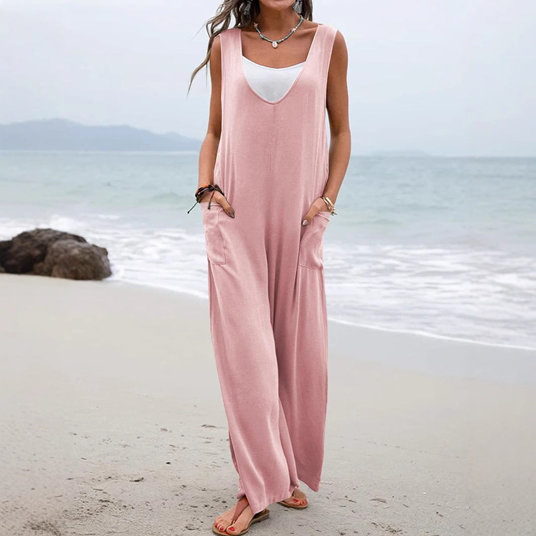 Damen Weit geschnittene Sommer-Jumpsuit mit praktischen Taschen und V-Ausschnitt R&B